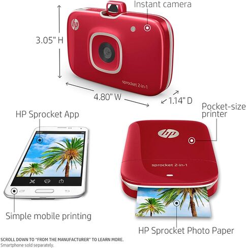 HP Sprocket 2-in-1 Portable Photo Printer & Instant Camera, print social media photos on 2x3" sticky-backed paper (2FB96A), 2:1 White, 4.8 x 3 x 1.1 in Kuwait