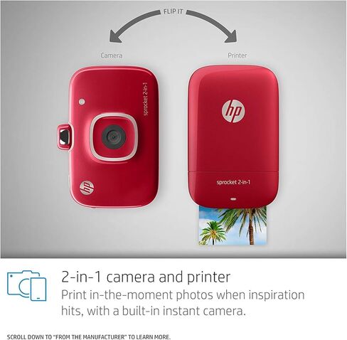 HP Sprocket 2-in-1 Portable Photo Printer & Instant Camera, print social media photos on 2x3" sticky-backed paper (2FB96A), 2:1 White, 4.8 x 3 x 1.1 in Kuwait