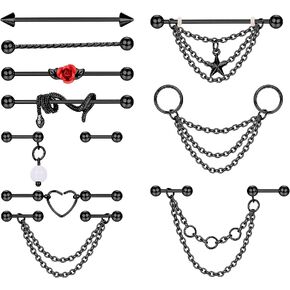 Sanfenly Industrial Piercing Jewelry 14G 16G Stainless Steel Industrial Earrings with Chain Dangle Industrial Piercing Bar Double Cartilage Helix Piercing Earrings Industrial Barbell for Women Men