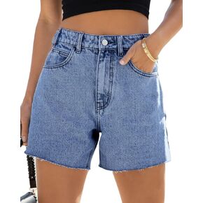 Goranbon Women's High Waisted Jean Shorts Straight Leg Raw Hem Retro Denim Shorts Summer Hot Pants with Pockets