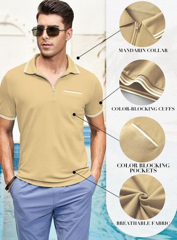 JMIERR Mens Knit Polo Shirts Quarter Zip Shirts Casual Stripe Classic Lightweight Short Sleeve Golf T Shirt in Kuwait
