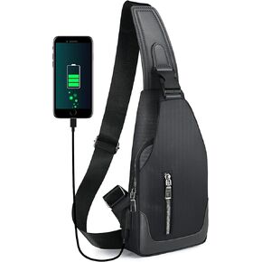 Sling Backpack with USB Charging Port, Chest Bag Crossbody Daypack Shoulder Bag for Men, Hiking, Cycling, Travel - Black