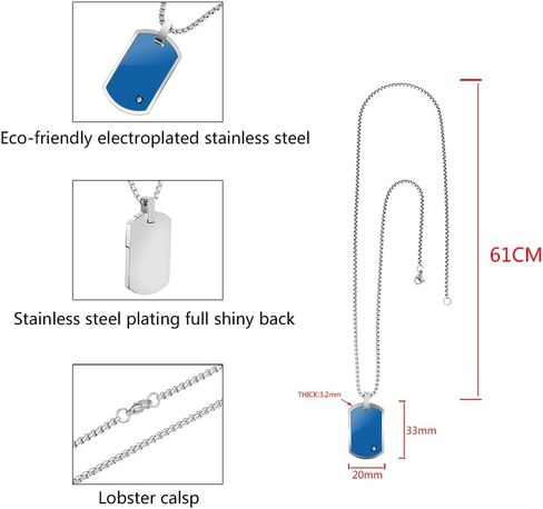 Geoffrey Beene Stainless Steel Men's Engravable Dog Tag Pendant Box Chain Necklace with Cubic Zirconia Stone in Saudi Arabia