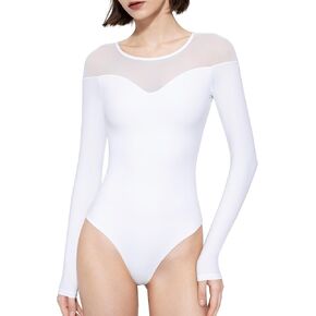 PUMIEY Mesh Bodysuit for Women Crew Neck Long Sleeve Body Suits Sexy Sheer Tops Smoke Cloud Collection