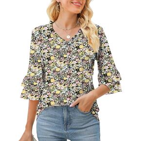 TFSDOD Womens V Neck 3/4 Bell Sleeve Tops Frill Neck Tiered Ruffle Sleeve Shirts Casual Spring Summer Loose Tunic Blouses