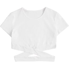 OYOANGLE Girl's Cute Crisscross Short Sleeve Cutout Solid Crop Top Tee T-Shirts in Kuwait