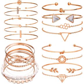 Cocazyw 19pcs Multiple Layered Stackable Open Cuff Wrap Bangle Rose gold Gold Bracelets for Women Jewelry Adjustable Bangles for Girls Set Gifts