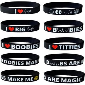 W B Funny I Love Boobies Bracelet Wristband 12-Pack - Selection of Sexy Heart Designs, Longer 202mm 8" Length, Comfortable, Colorful Rubber Silicone. Black with White, Red. Gift for Men, Women in Saudi Arabia