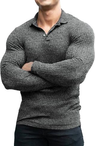 COOFANDY Men's Stretch Muscle Tshirts Long Sleeve Knit Tees Casual Slim Fit Polo Shirts in Saudi Arabia