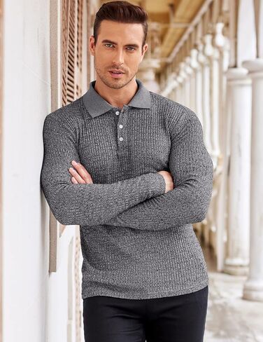 COOFANDY Men's Stretch Muscle Tshirts Long Sleeve Knit Tees Casual Slim Fit Polo Shirts in Saudi Arabia