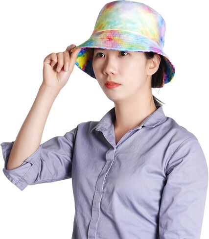 Rbenxia 1 قطعة من التعادل صبغ قبعة دلو التدرج الشاطئ قبعة الشمس قبعة الصيد للجنسين مزدوجة الجانب ارتداء عكسها قبعة دلو للنساء والرجال in Saudi Arabia