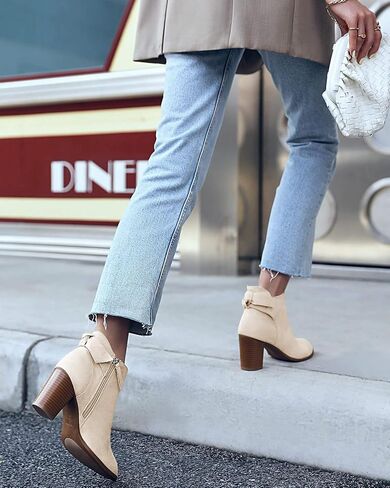 Coutgo Women's Fall Ankle Boots Shoes Chunky Block Stacked Heel Bow Tie Pointed Toe Dress Booties Side Zipper in Kuwait