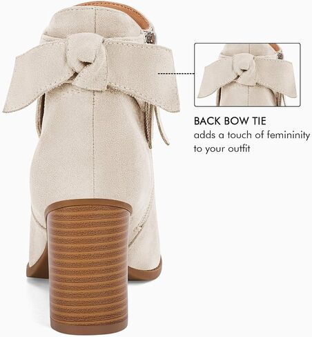 Coutgo Women's Fall Ankle Boots Shoes Chunky Block Stacked Heel Bow Tie Pointed Toe Dress Booties Side Zipper in Kuwait