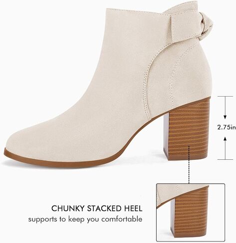 Coutgo Women's Fall Ankle Boots Shoes Chunky Block Stacked Heel Bow Tie Pointed Toe Dress Booties Side Zipper in Kuwait