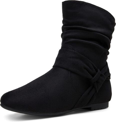 Women's Slouch Ankle Boots, Flat Low Heel Side Zip Booties 939A | Comfortable dressy style, ruched shaft and wraparound bow for daily wear in Saudi Arabia