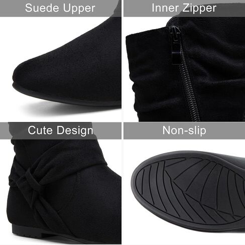 Women's Slouch Ankle Boots, Flat Low Heel Side Zip Booties 939A | Comfortable dressy style, ruched shaft and wraparound bow for daily wear in Saudi Arabia