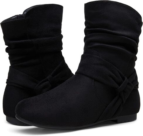 Women's Slouch Ankle Boots, Flat Low Heel Side Zip Booties 939A | Comfortable dressy style, ruched shaft and wraparound bow for daily wear in Saudi Arabia