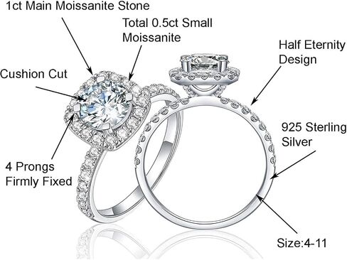 Jansme 1.5ct Cushion Cut Halo Moissanite Engagement Rings for Women Half Eternity 925 Sterling Silver Firmly Fixed By 4 Prongs Brilliant Solitaire Square Real Moissanite Engagement Rings Size 4-11 in Saudi Arabia