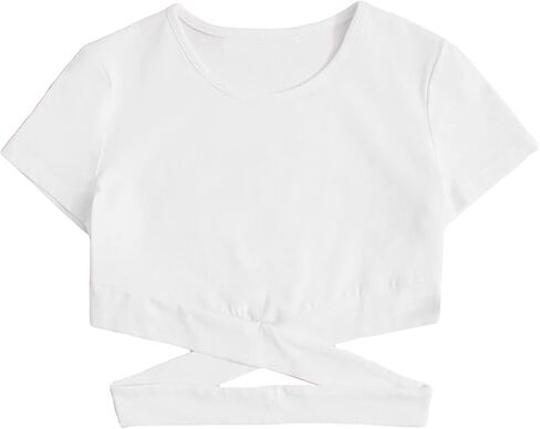 OYOANGLE Girl's Cute Crisscross Short Sleeve Cutout Solid Crop Top Tee T-Shirts in Kuwait