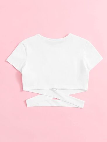 OYOANGLE Girl's Cute Crisscross Short Sleeve Cutout Solid Crop Top Tee T-Shirts in Kuwait