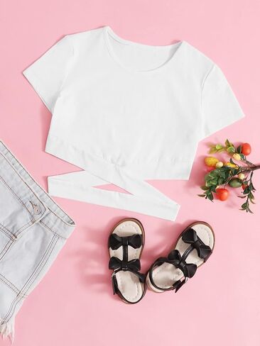 OYOANGLE Girl's Cute Crisscross Short Sleeve Cutout Solid Crop Top Tee T-Shirts in Kuwait