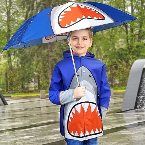 addie & tate Kids Umbrella & Rain Coats for Boys Shark Set - Toddler Umbrella for Kids and Raincoat for Boys in Fun Jacket Styles for 3-5 in Saudi Arabia