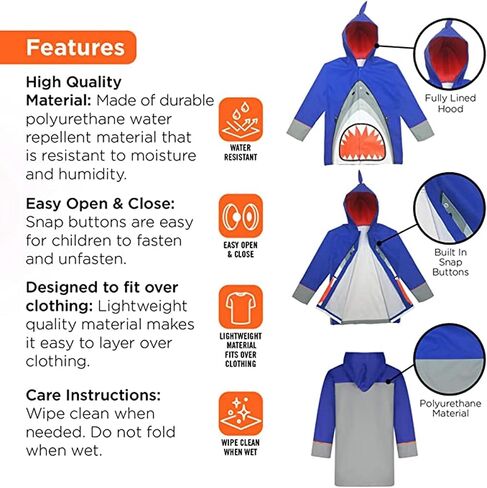 addie & tate Kids Umbrella & Rain Coats for Boys Shark Set - Toddler Umbrella for Kids and Raincoat for Boys in Fun Jacket Styles for 3-5 in Saudi Arabia