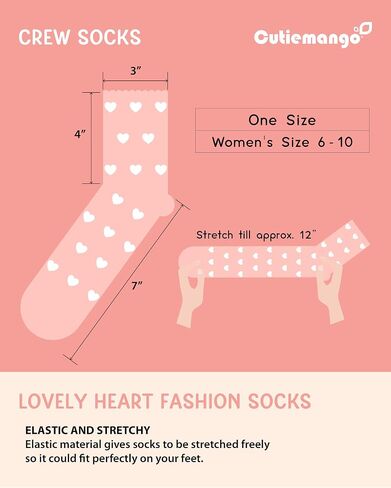 3 Pairs Heart Pattern Crew Socks For Women - Cute Cotton Womens Socks for Size 6,7,8,9,10 by Cutie Mango in Kuwait