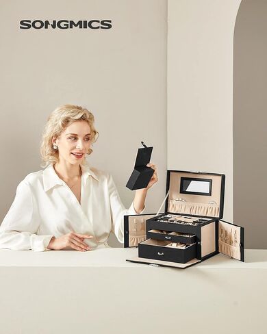 صندوق مجوهرات سونجميكس 3 طبقات، منظم مجوهرات مع درجين، حقيبة مجوهرات مع حقيبة سفر محمولة، مع مقبض، قابل للقفل، تخزين المجوهرات، هدية لأحبائك، رمادي UJBC121G01 in Kuwait