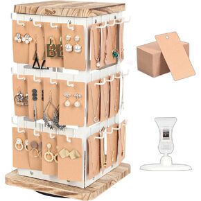 Jewelry Display for Vendors Rotating Earring Tower Holder Organizer, Jewelry Display Rack, Vintage Farmhouse Style Stand for Necklaces, Piercings with 48 Hooks and Wood Tray Black Metal Shelf -MK1073A