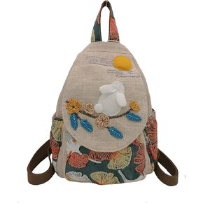 HUANGGUOSHU Women Cotton Woven Hippie Hemp Boho Canvas Embroidery Multi Pocket Retro Cute Backpack Wallet Backpack（Avocado）
