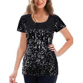 MANER Women’s Full Sequin Tops Glitter Party Shirt Short Sleeve Sparkle Blouses S-4X