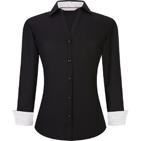 WARHORSEE Womens Button Down Shirt Long Sleeve Work Dress Shirts, V Neck Easy Care Stretchy Business Casual Blouses for Women