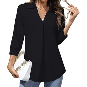 Heat Move Women's Work Blouses Collared V Neck 3/4 Sleeve Shirts Dressy Casual Tunic Loose Tops in Kuwait