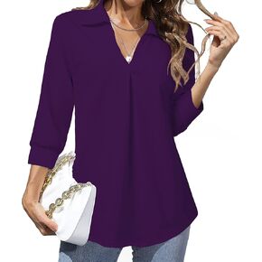 Heat Move Women's Work Blouses Collared V Neck 3/4 Sleeve Shirts Dressy Casual Tunic Loose Tops