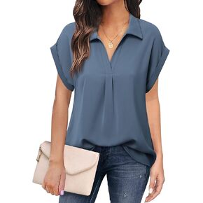 Messic Womens Short Sleeve Blouses Collared V Neck Shirts Chiffon Summer Business Casual Tops