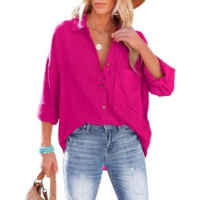 Esmeling Womens Casual Oversized Button Down Shirt Long Sleeve Lapel Collar Blouses Loose Fit Tops