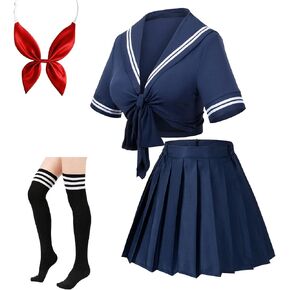 Elibelle انمي ياباني تلميذة الكلاسيكية بحار JK Harajuku المحاصيل الأعلى التعادل حتى مطوي تنورة موحدة Seifuku الجوارب القوس مجموعة in Kuwait