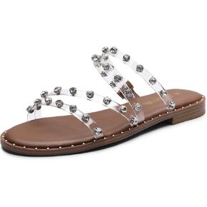 DREAM PAIRS Women's Clear Studded Rhinestone Slide Sandals Slip on Open Toe Cute Flat Sandals for Summer