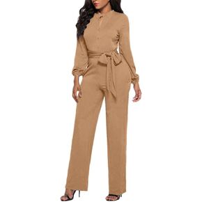 Flybony Jumpsuits for Women Sexy V Neck Elegant Long Sleeve Casual Button Down Long Straight Wide Leg Pants with Belt