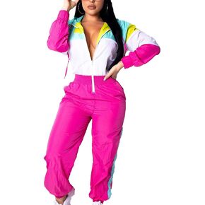 VOIKERDR Women Colorblock One Piece Outfits Set High Waist Pants Long Sleeve Zipper Front Windbreaker Jumpsuit