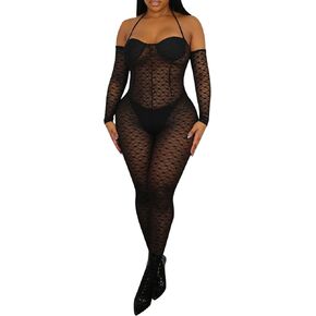 hibshaby Sexy Mesh Black Leopard Jumpsuits for Women Bodycon Outfits Streetwear Rompers in Saudi Arabia