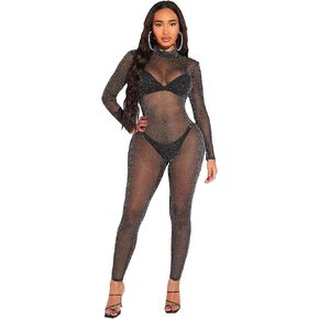 MakeMeChic Women's Long Sleeve Cut Out Back Sheer Mesh Skinny Jumpsuit