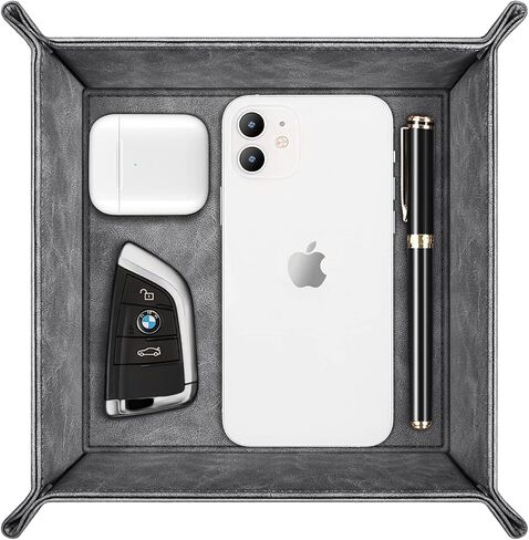 SITHON Valet Tray Desktop Storage Organizer – Premium PU Leather Catchall Tray Bedside Vanity Tray Nightstand Caddy Holder for Remote Controller, Keys, Phone, Wallet, Coin, Jewelry, Black in Kuwait