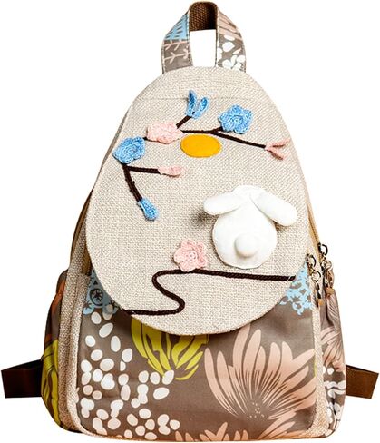 Women's Small Retro Bohemian Washed Canvas Backpack with 3D Decoration for Daily Commuting in Saudi Arabia