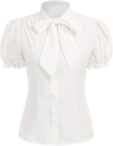 Belle Poque Summer Short Sleeve Office Button Down Blouse Stripe Shirt Tops with Bow Tie BP573 in Saudi Arabia
