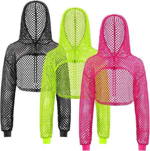 Hicarer 3 Pcs Fishnet Shirt for Women, 80s Costumes Neon Fishnet Costumes, Long Sleeve Fishnet Crop Top Mesh Shirt Club Concert Party Festival, Neon Green Rose Red Black in Saudi Arabia