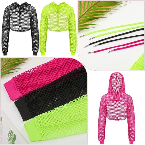 Hicarer 3 Pcs Fishnet Shirt for Women, 80s Costumes Neon Fishnet Costumes, Long Sleeve Fishnet Crop Top Mesh Shirt Club Concert Party Festival, Neon Green Rose Red Black in Saudi Arabia