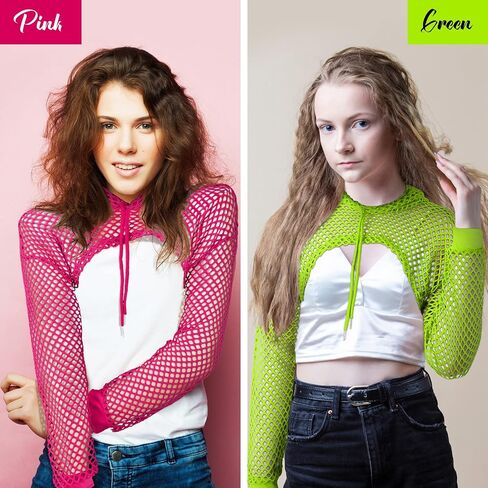 Hicarer 3 Pcs Fishnet Shirt for Women, 80s Costumes Neon Fishnet Costumes, Long Sleeve Fishnet Crop Top Mesh Shirt Club Concert Party Festival, Neon Green Rose Red Black in Saudi Arabia