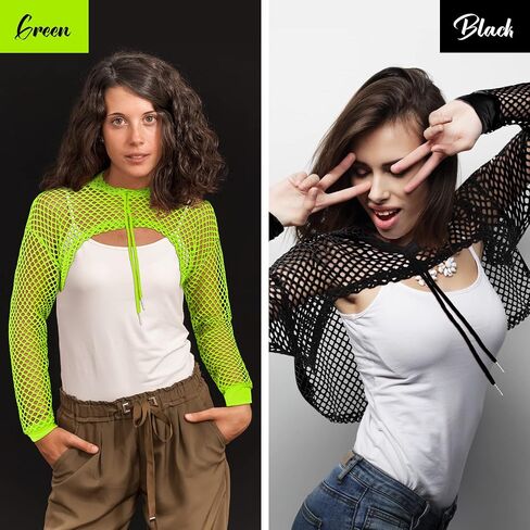 Hicarer 3 Pcs Fishnet Shirt for Women, 80s Costumes Neon Fishnet Costumes, Long Sleeve Fishnet Crop Top Mesh Shirt Club Concert Party Festival, Neon Green Rose Red Black in Saudi Arabia